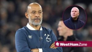 Nuno Espirito Santo looking on with circular inset of Arne Slot