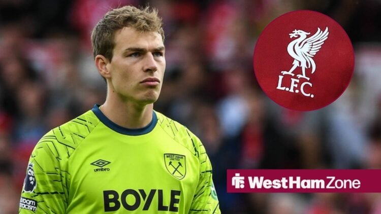 West Ham United's Mads Hermansen playing in the Premier League with Liverpool badge in circular inset.