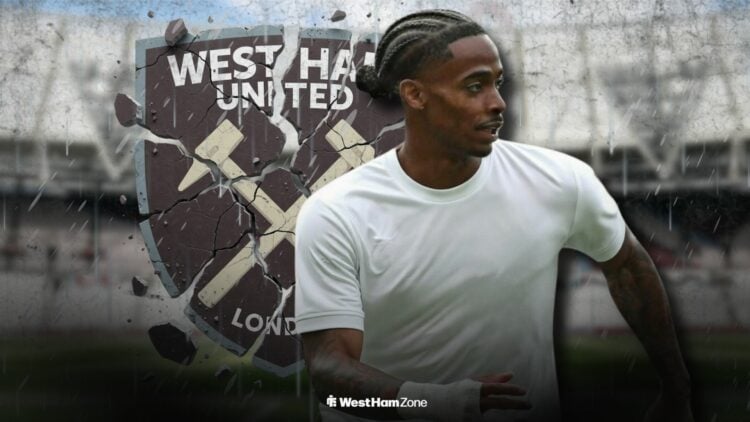 Crysencio Summerville in a plain shirt in front of a West Ham badge