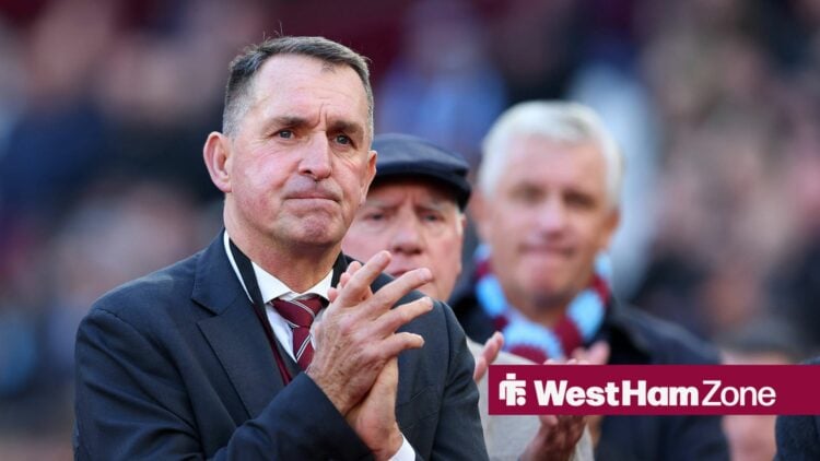 West Ham legend Martin Allen applauds the fans at London Stadium