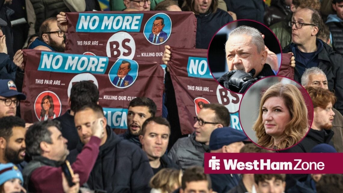 West Ham fans protest against the board and inset pictures of David Sullivan and Karren Brady