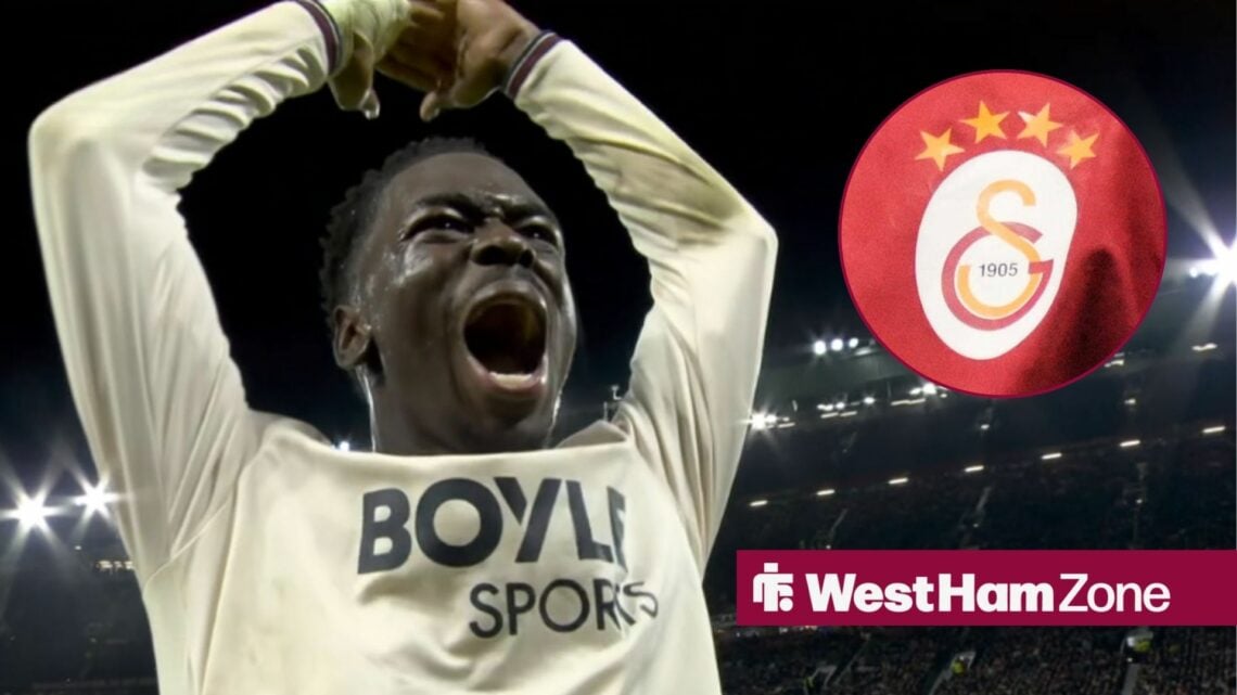 Soungotou Magassa celebrating for West Ham looking towards a circle inset of the Galatasaray badge