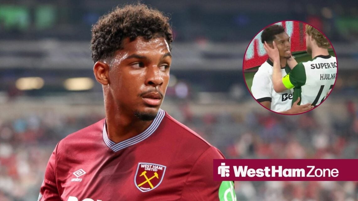 Luis Guilherme playing for West Ham looking towards a circle inset of Luis Guilherme playing for Sporting CP