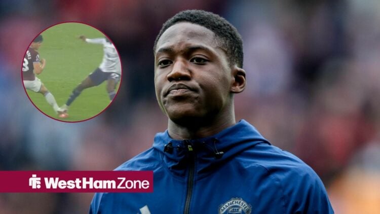 Kobbie Mainoo looks on with circular inset of a tackle.