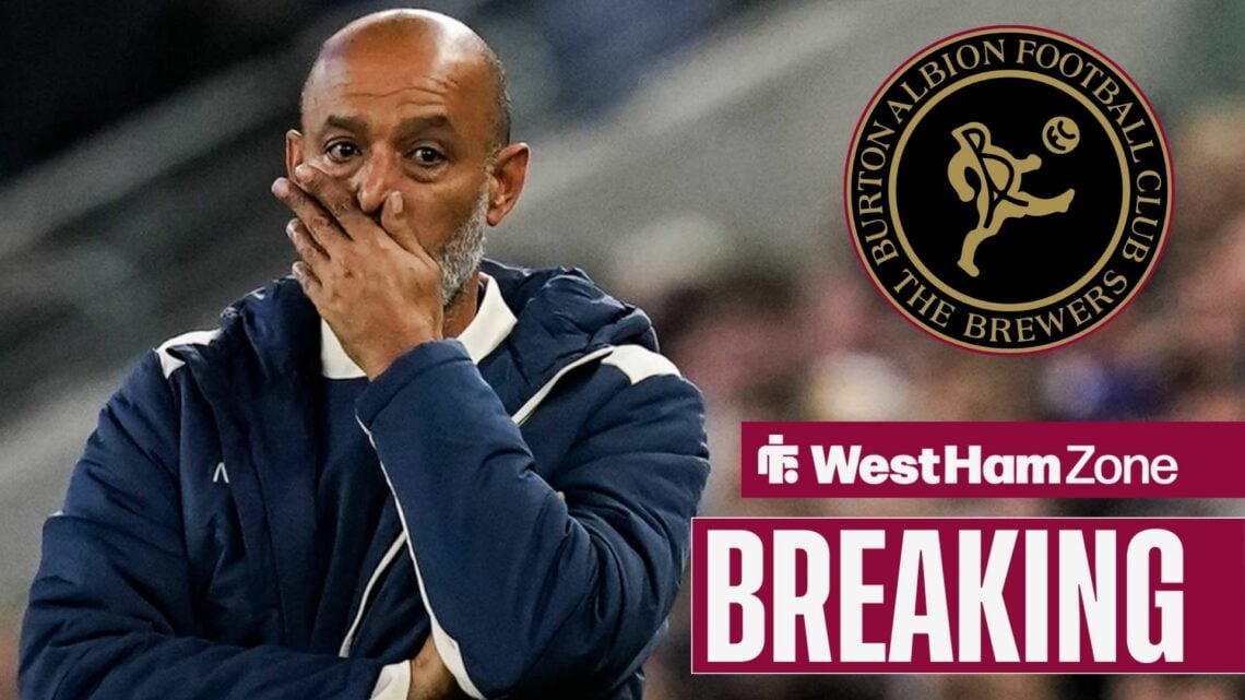 West Ham United manager Nuno Espirito Santo looking shocked with Burton Albion crest in circular inset.