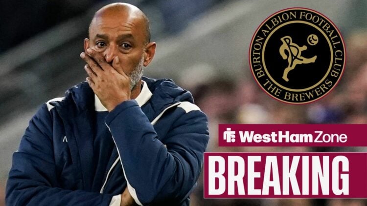 West Ham United manager Nuno Espirito Santo looking shocked with Burton Albion crest in circular inset.