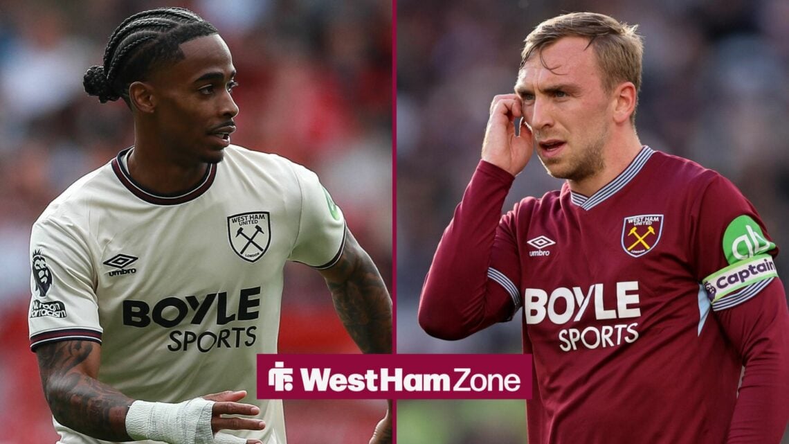 Crysencio Summerville in action for West Ham alonside Jarrod Bowen in action as West Ham's captain