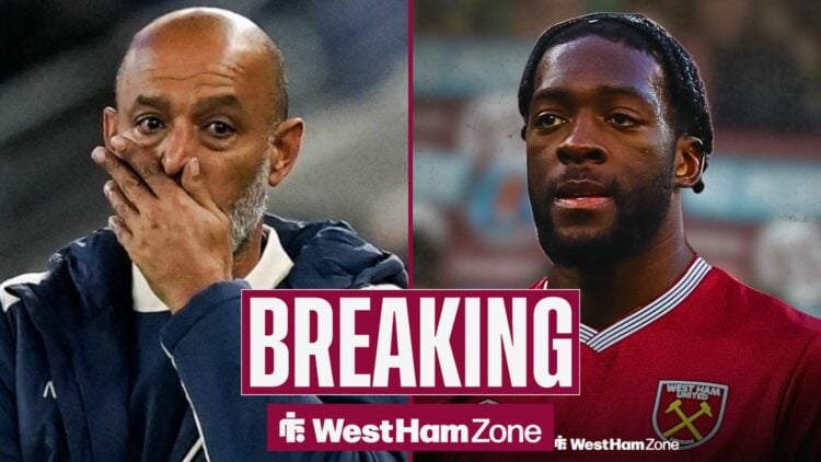 Nuno Espirito Santo looking unhappy at Axel Disasi in a West Ham shirt.