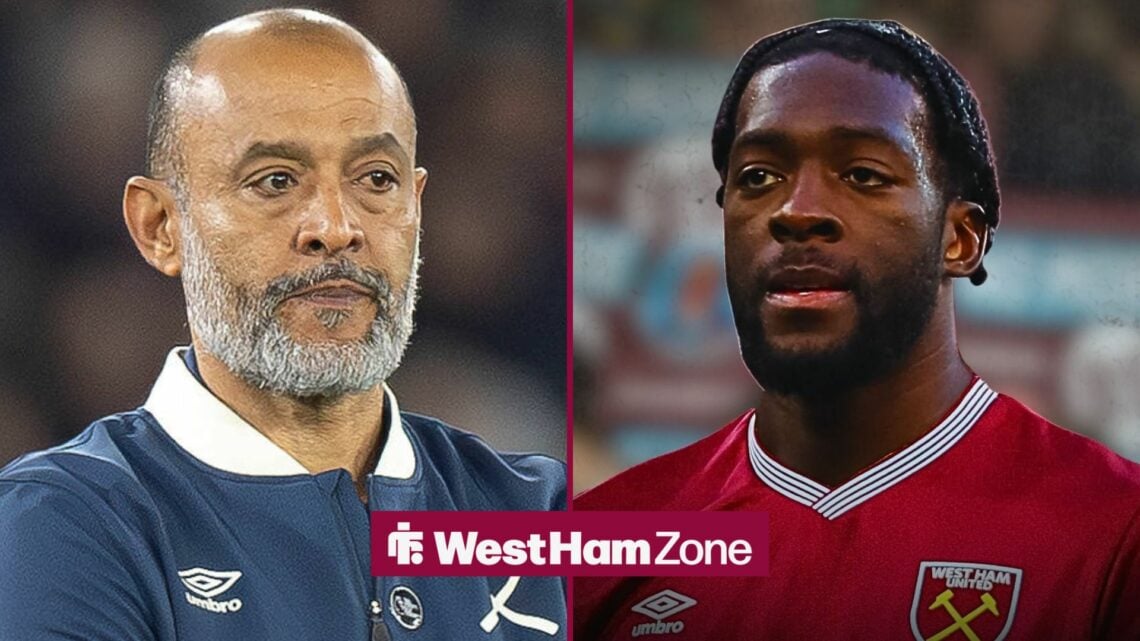 West Ham boss Nuno Espirito Santo looking unhappy in a 50/50 split image of Axel Disasi in a West Ham shirt in front of the London Stadium.