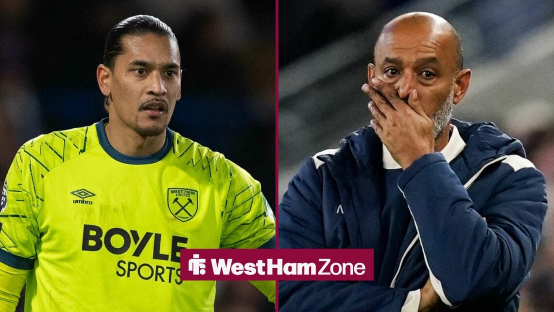 Alphonse Areola and Nuno Espirito Santo looking shocked stood alongside each other.