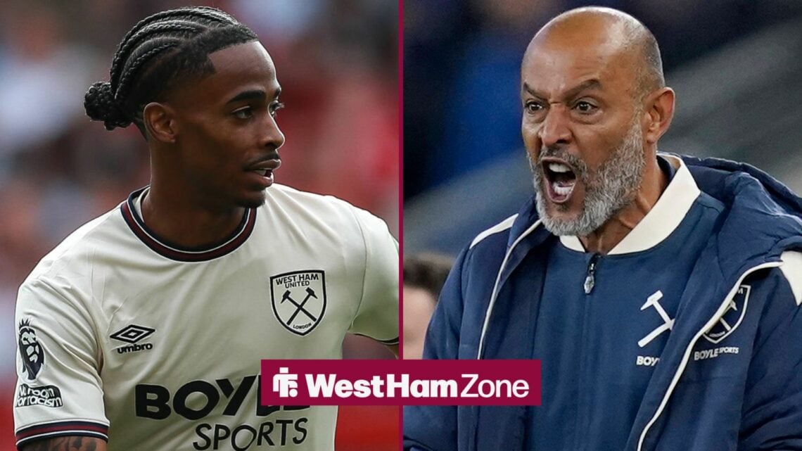 Liverpool, England, 29th September 2025. Nuno Espirito Santo manager of West Ham United celebrates his side s goal to make it 1-1 during the Everto...