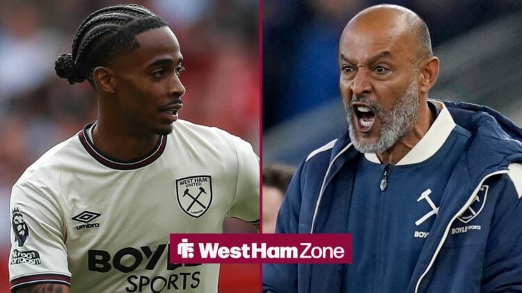 Liverpool, England, 29th September 2025. Nuno Espirito Santo manager of West Ham United celebrates his side s goal to make it 1-1 during the Everto...