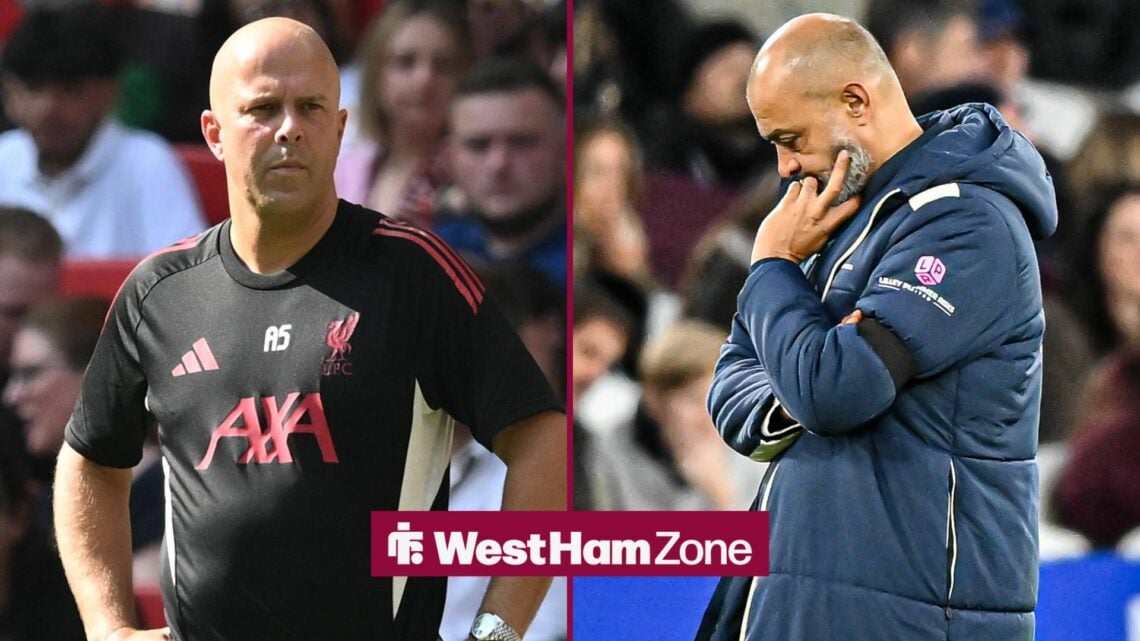 Arne Slot on the touchline alongside Nuno Espirito Santo who looks worried