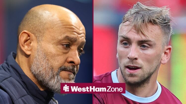 Jarrod Bowen looking towards Nuno Espirito Santo