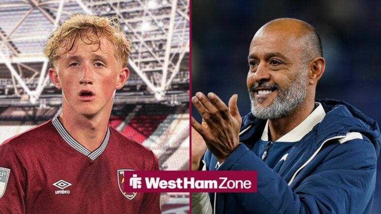 West Ham youth gem Airidas Golambeckis and manager Nuno Espirito Santo clapping.