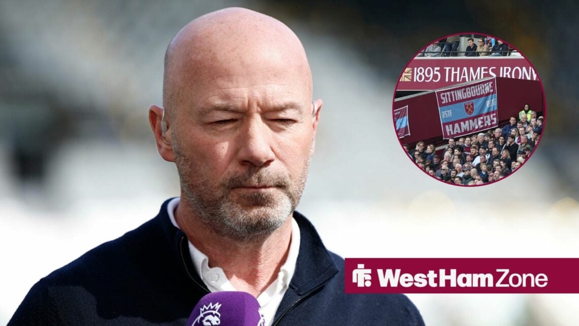 Alan Shearer and a circular inset of West Ham fans