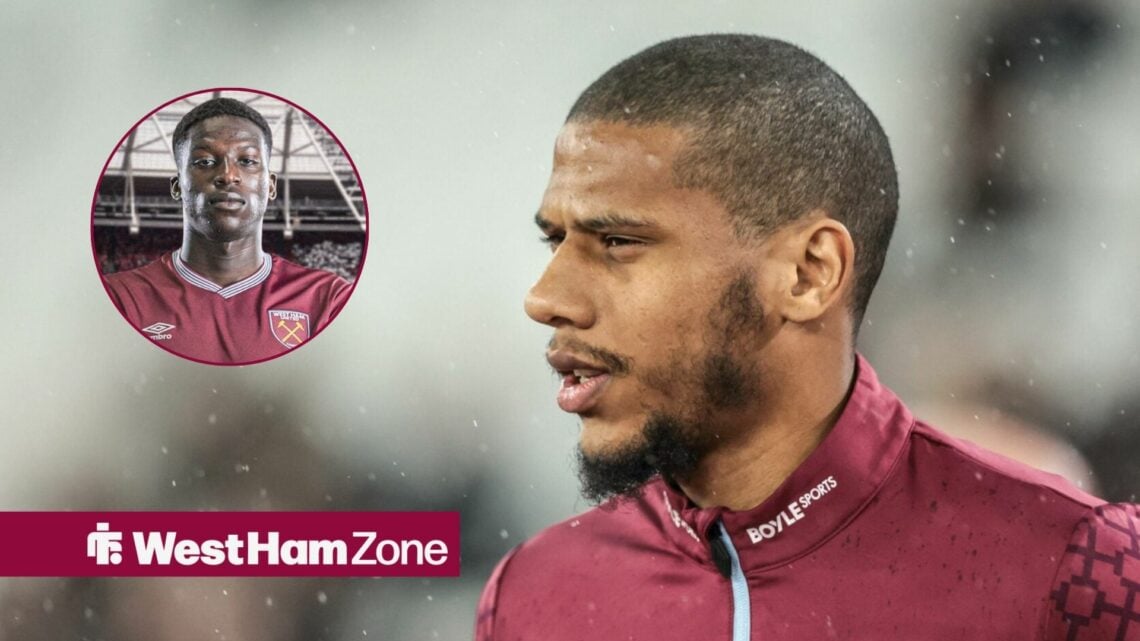 Jean-Clair Todibo of West Ham United in the pregame warmup session during the Premier League match West Ham United vs Brentford, Mohamadou Kante in...