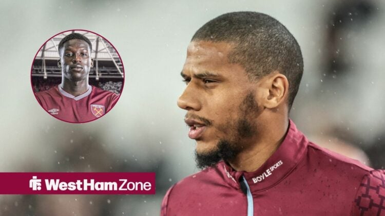 Jean-Clair Todibo of West Ham United in the pregame warmup session during the Premier League match West Ham United vs Brentford, Mohamadou Kante in...