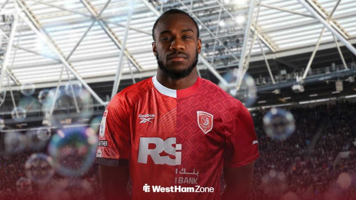 Former West Ham star Michail Antonio in half a Charlton shirt and half a Al-Sailiya shirt.