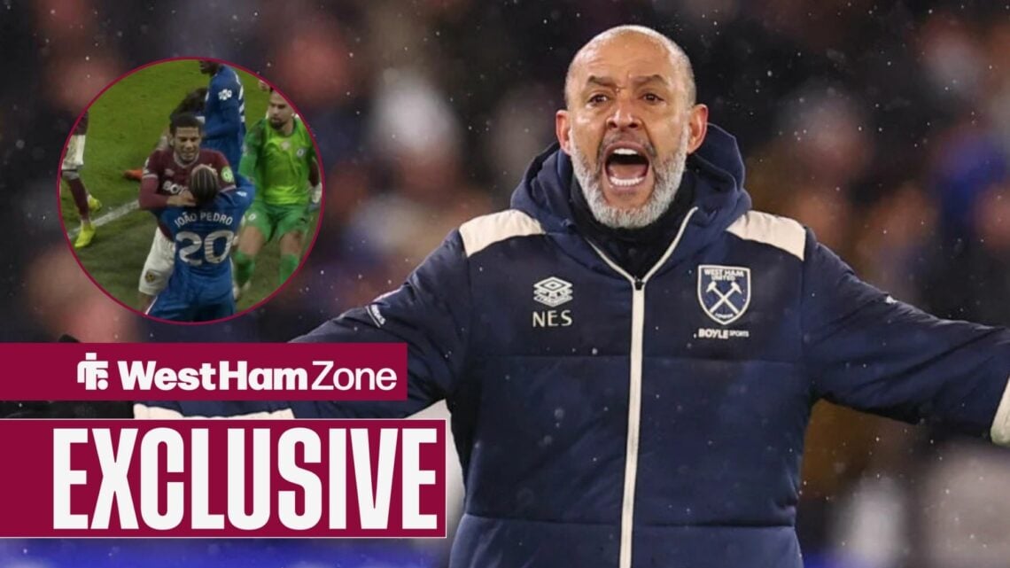 Nuno Espirito Santo with his arms out next to a circular inset of West Ham vs Chelsea