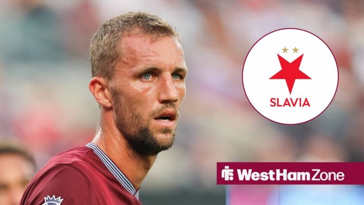 West Ham midfielder Tomas Soucek in action in the pre-season tour in America, Slavia Prague badge in inset.