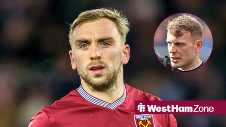 West Ham forward Jarrod Bowen and referee Sam Barrot in circular inset