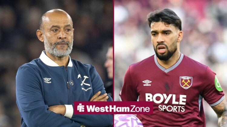 West Ham boss Nuno Espirito Santo looking unhappy, Lucas Paqueta looking sad.
