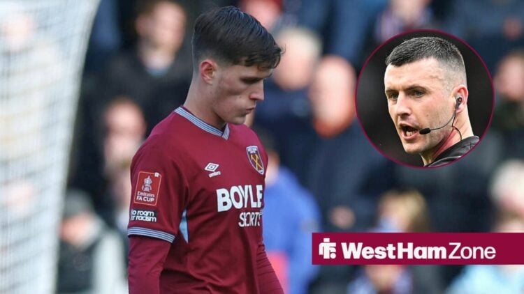 West Ham United midfielder Freddie Potts 32 takes a long walk having been sent off during the FA Cup match between Burton Albion and West Ham Unite...