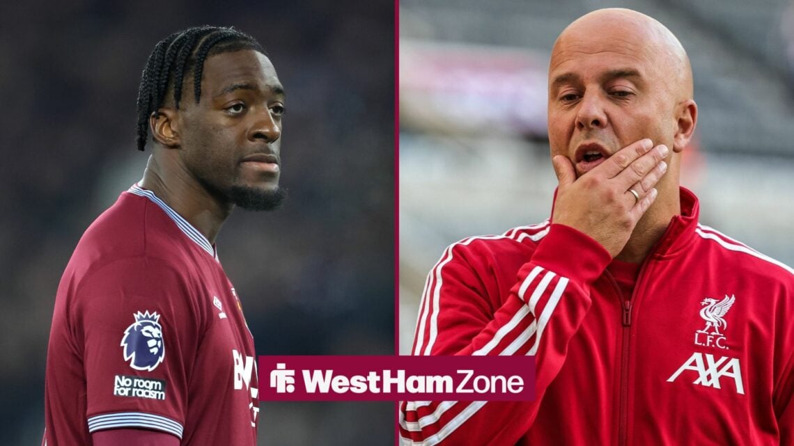 Axel Disasi and Arne Slot looking concerned.