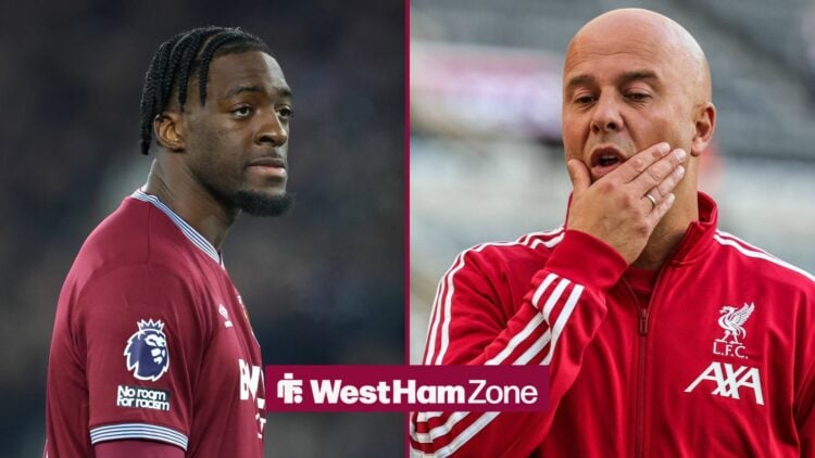 Axel Disasi and Arne Slot looking concerned.