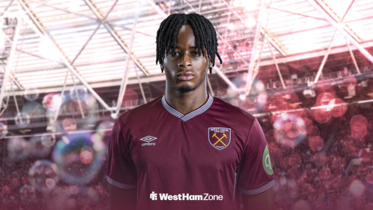 Josh Ajala in front of the London Stadium in a West Ham kit.