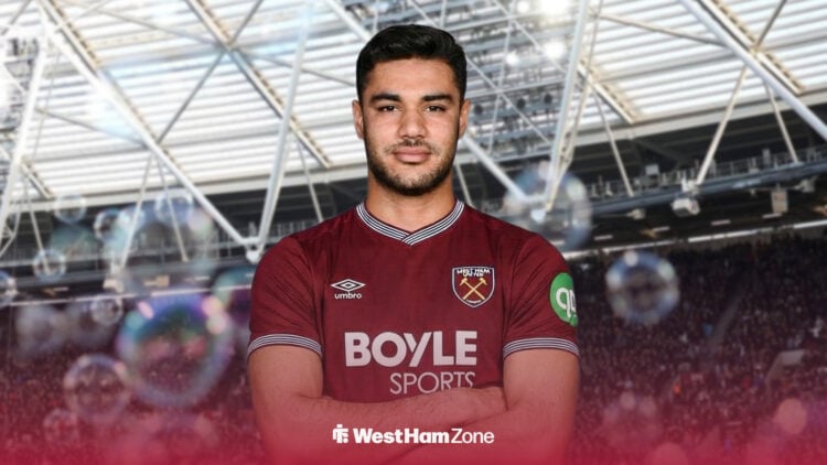 Ozan Kabak in a West Ham shirt with the London Stadium as the background.