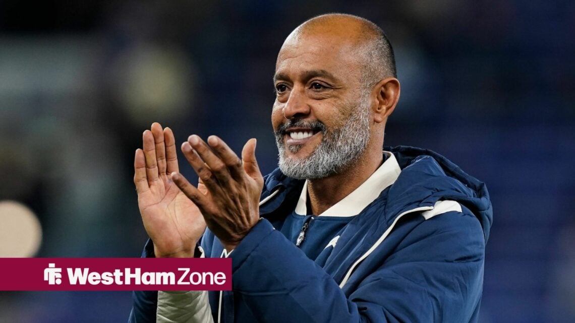 Nuno Espirito Santo applauds the West Ham fans after their match with Everton on 29 September