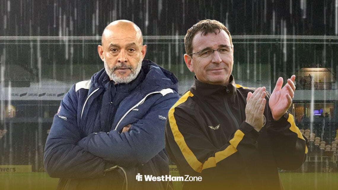 Nuno Espirito Santo and Gary Bowyer in front of Burton Albion's Pirelli Stadium as rain pours down