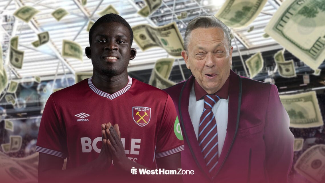 El Hadji Malick Diouf alongside David Sullivan at the London Stadium with money falling from the sky.