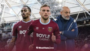 Jarrod Bowen central with Crysencio Summerville and Nuno Espirito Santo either side ahead of London Stadium