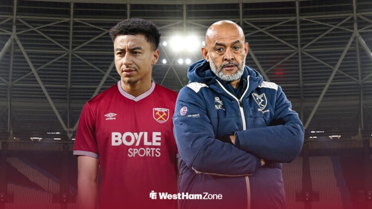 Jesse Lingard in a West Ham shirt standing next to Nuno Espirito Santo