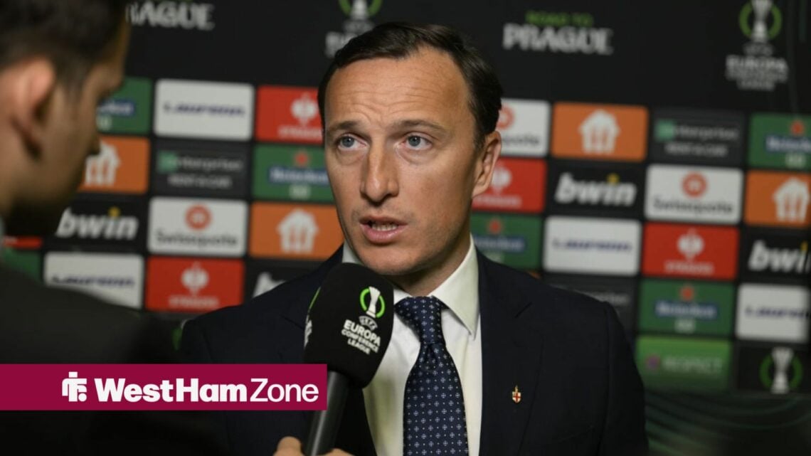 West Ham sporting director Mark Noble conducts an interview at the Conference League final in Prague