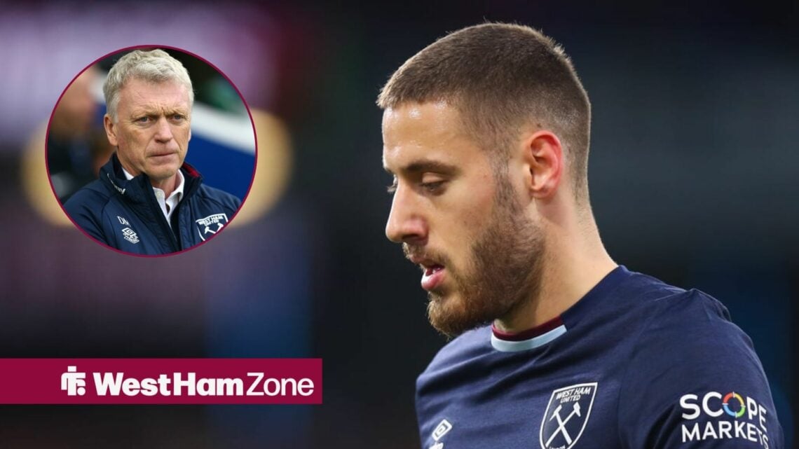 Nikola Vlasic looks dejected and down at the ground during a West Ham match, alongside a circular inset of David Moyes on the touchline