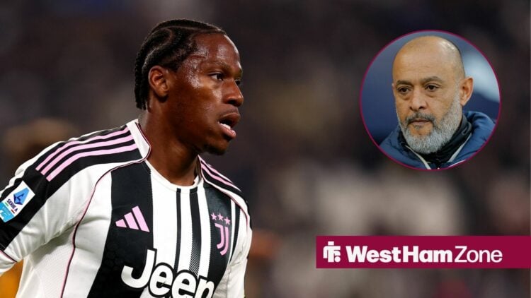 Juventus striker Jonathan David looks on during a Serie A match, alongside a circular inset of an unhappy West Ham boss Nuno Espirito Santo (top ri...