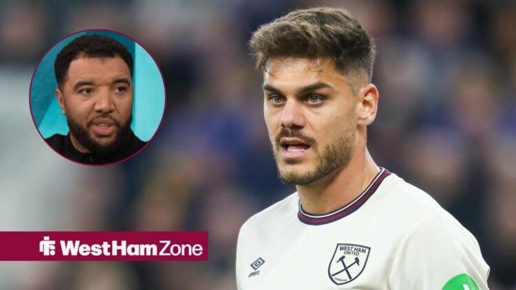 West Ham defender Konstantinos Mavropanos looks on during a match, alongside a circular inset of Troy Deeney on BBC's Match of the Day (top left)