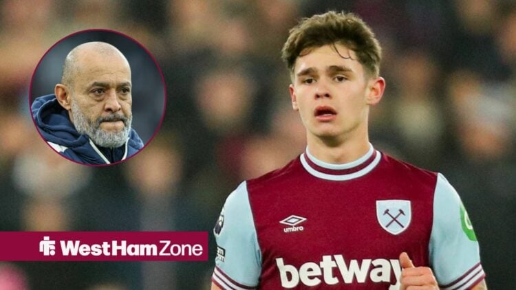 West Ham midfielder Lewis Orford looks on during a match, alongside a circular inset of a grim-faced Nuno Espirito Santo (top left)