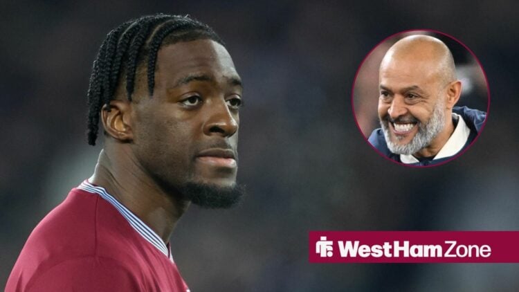 West Ham defender Axel Disasi looks on during a match, alongside a circular inset of smiling boss Nuno Espirito Santo (top right)