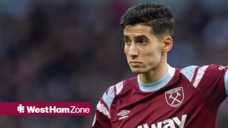 Nayef Aguerd of West Ham United during the Premier League match between Tottenham Hotspur and West Ham United at Tottenham Hotspur Stadium on Febru...