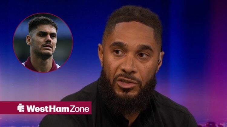 Ashley Williams on Match of the Day looking towards circular inset of Konstantinos Mavropanos