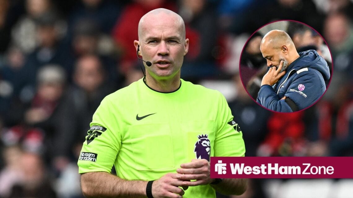 Paul Tierney refereeing in the Premier League with Nuno Espirito Santo looking dejected in circular inset