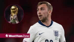 Jarrod Bowen in action for England with World Cup trophy being lifted in circular inset
