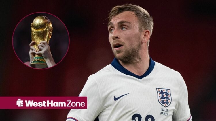 Jarrod Bowen in action for England with World Cup trophy being lifted in circular inset