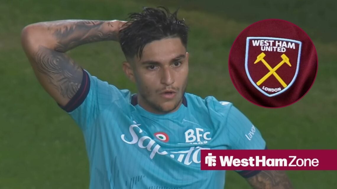 Santiago Castro in action for Bologna with circular inset of West Ham badge