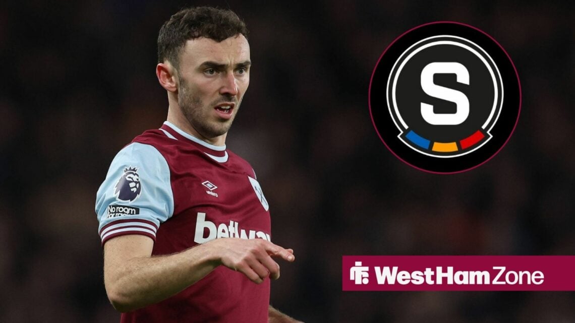 Andy Irving in action for West Ham United in the Premier League with Sparta Prague crest in circular inset